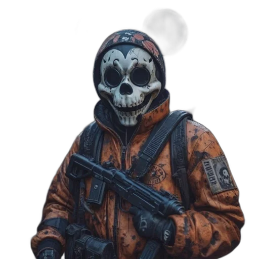 mask, jacket, weapon, staff, concept art, 3d render, cyberpunk, pixel art transparent PNG cut-out
