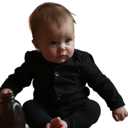 jacket, staff, face, bottle, photorealistic, 3d render, black, babysuit transparent PNG cut-out