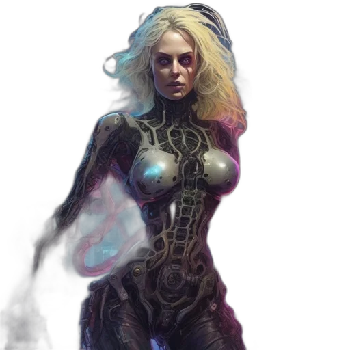 robot, dress, concept art, fantasy art, comic book art, cyberpunk, outer space, dark transparent PNG cut-out