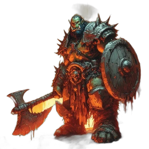concept art, fantasy art, comic book art, armored, orc-like, creature, tusks, massive transparent PNG cut-out