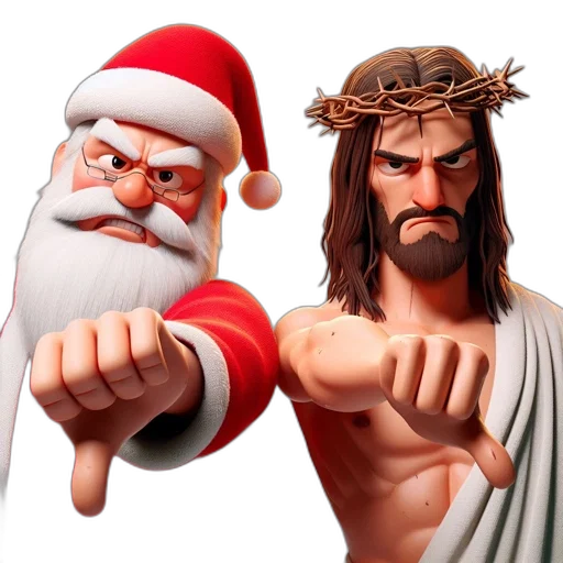 3d render, concept art, two, cartoonish, figures, one, portraying, santa transparent PNG cut-out