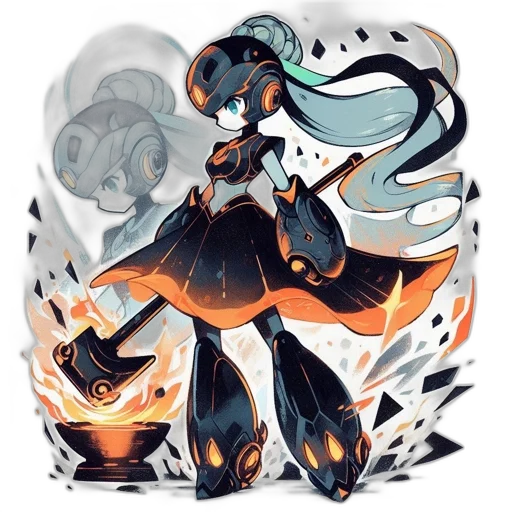 staff, robot, concept art, fantasy art, pixel art, anime, fire, dark transparent PNG cut-out
