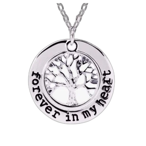 jewelry, silver, necklace, circular, pendant, featuring, tree, design transparent PNG cut-out