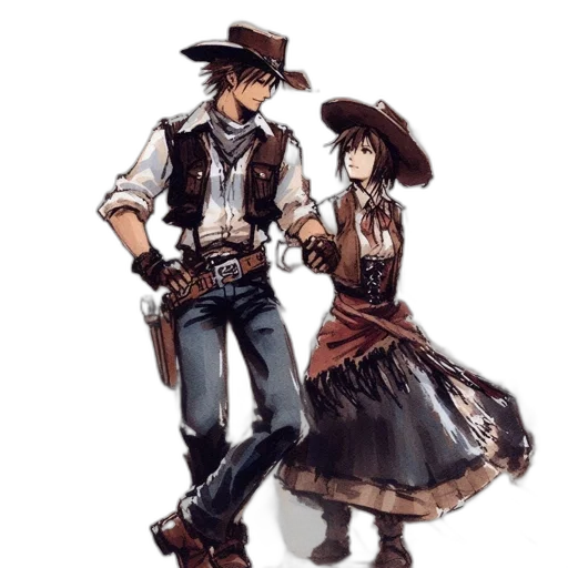 hat, concept art, fantasy art, watercolor, comic book art, cowboy, woman, dressed transparent PNG cut-out
