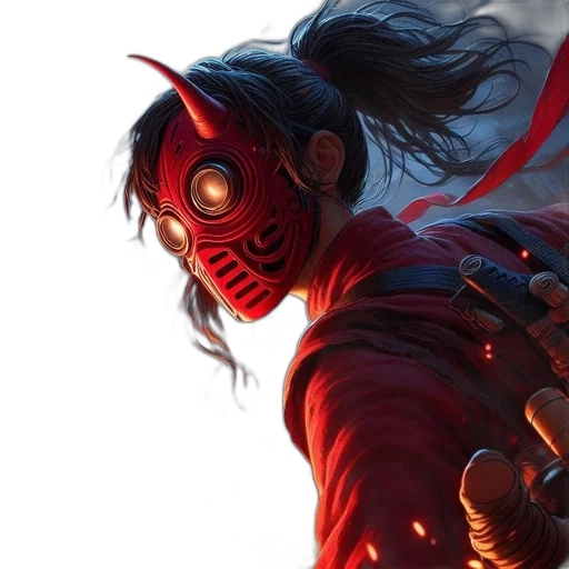 mask, concept art, comic book art, fantasy art, cyberpunk, fire, red, fierce transparent PNG cut-out