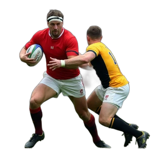rugby, player, red, jersey, being, tackled, opponent, black transparent PNG cut-out