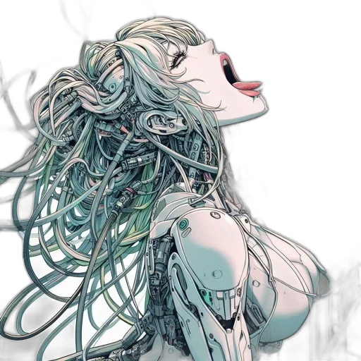 robot, hair, creature, cyberpunk, concept art, comic book art, fantasy art, green transparent PNG cut-out