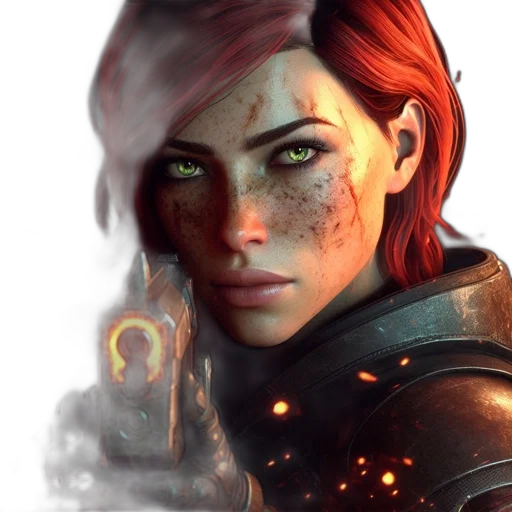 face, concept art, fantasy art, photorealistic, cyberpunk, fire, red, close-up transparent PNG cut-out