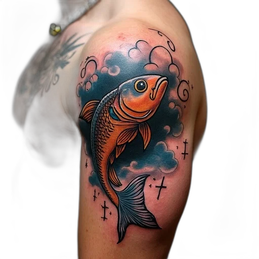 photorealistic, watercolor, underwater, close-up, tattooed, arm, colorful, fish transparent PNG cut-out