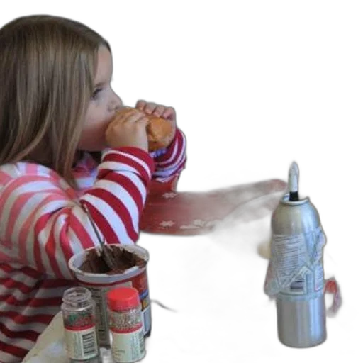 bottle, young, girl, striped, shirt, enjoying, sandwich, table transparent PNG cut-out