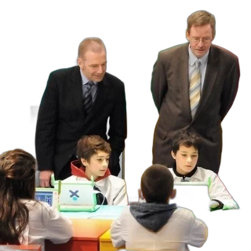 staff, two, men, suits, stand, over, children, table transparent PNG cut-out