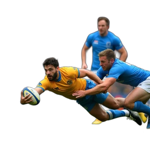 hair, rugby, player, yellow, blue, jersey, diving, towards transparent PNG cut-out