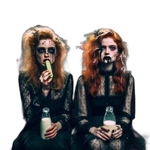 bottle, hair, cyberpunk, concept art, green, two, women, striking transparent PNG cut-out