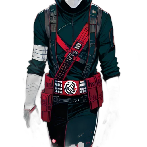 jacket, staff, concept art, cyberpunk, comic book art, pixel art, red, dark transparent PNG cut-out