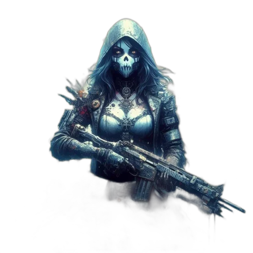 weapon, mask, concept art, fantasy art, comic book art, pixel art, blue, dark transparent PNG cut-out