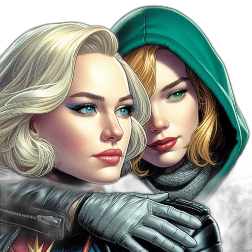 jacket, comic book art, concept art, fantasy art, photorealistic, snow, two, females transparent PNG cut-out