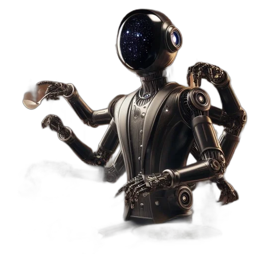 robot, staff, jewelry, creature, concept art, 3d render, fantasy art, outer space transparent PNG cut-out