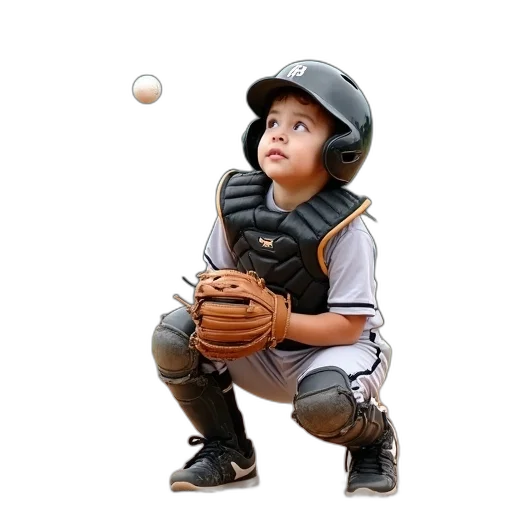 photorealistic, 3d render, young, child, baseball, uniform, crouched, catcher transparent PNG cut-out