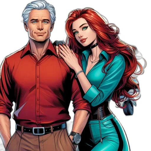 comic book art, two, animated, characters, one, male, silver, haired transparent PNG cut-out
