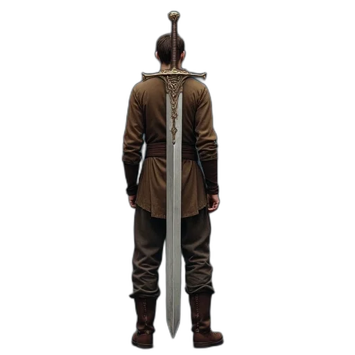 sword, jacket, staff, weapon, concept art, 3d render, fantasy art, earth tones transparent PNG cut-out