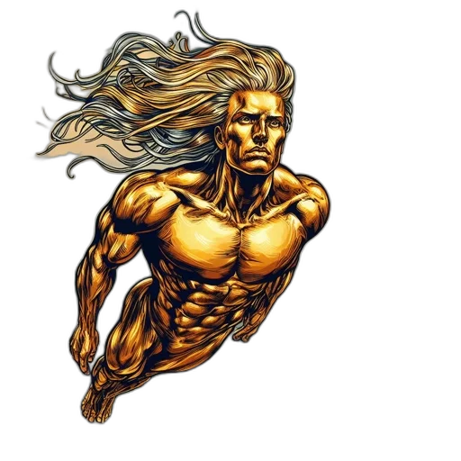 hair, comic book art, concept art, fantasy art, pixel art, golden, golden-hued, muscular transparent PNG cut-out