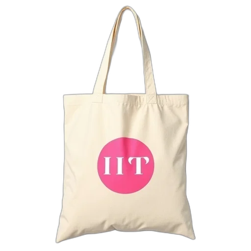 beige, canvas, tote, bag, pink, logo, reads transparent PNG cut-out