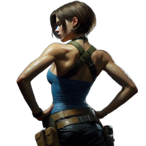 weapon, concept art, photorealistic, pixel art, cyberpunk, woman, harness, stands transparent PNG cut-out