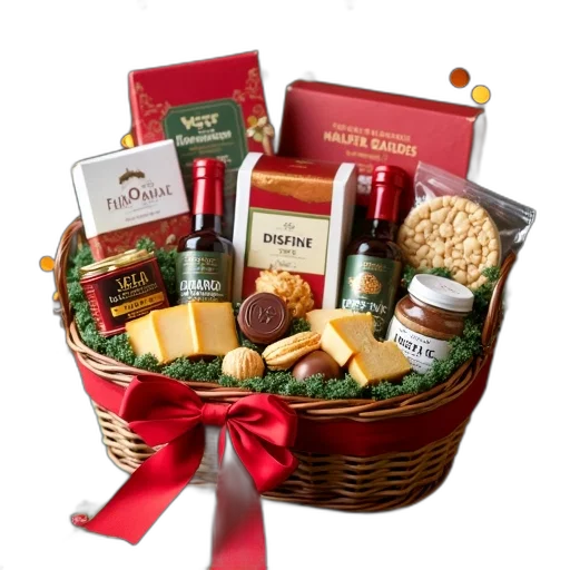 food, festive, holiday, basket, filled, various, gourmet, items transparent PNG cut-out