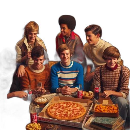food, concept art, photorealistic, fire, colorful, seven, young, men transparent PNG cut-out