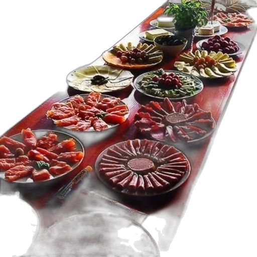 food, photorealistic, 3d render, long, table, filled, assortment, appetizers transparent PNG cut-out