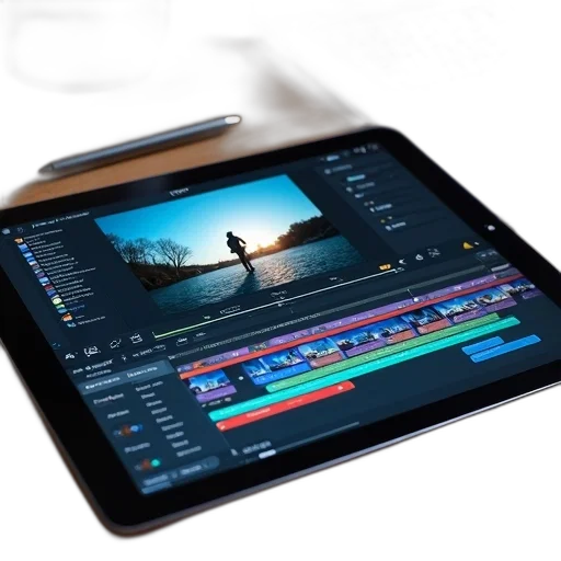 3d render, photorealistic, sunset, tablet, displaying, video, editing, software transparent PNG cut-out