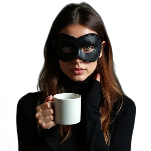 mask, face, staff, photorealistic, 3d render, woman, coffee, mug transparent PNG cut-out