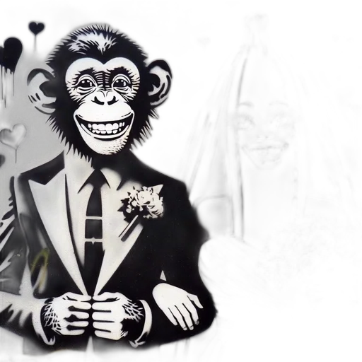 concept art, cartoon, comic book art, photorealistic, monochrome, anthropomorphic, chimpanzee, banana transparent PNG cut-out