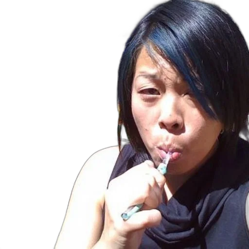 staff, person, dark, hair, holding, toothbrush, front, wooden transparent PNG cut-out