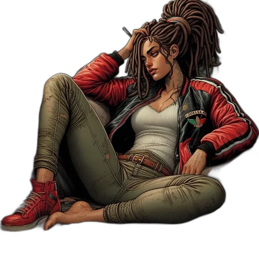 jacket, comic book art, concept art, cyberpunk, pixel art, red, woman, dreadlocks transparent PNG cut-out