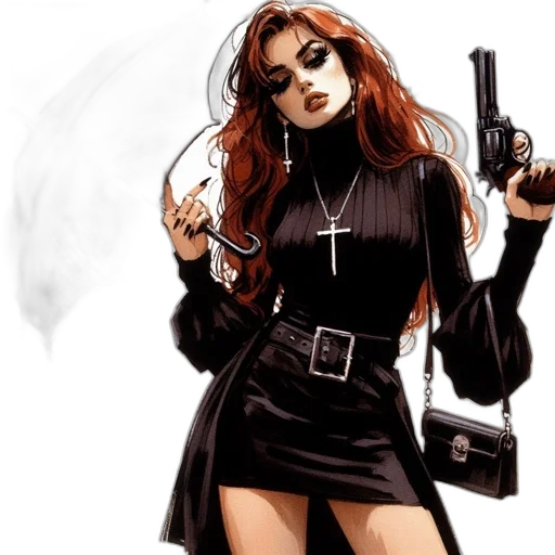 weapon, comic book art, concept art, cyberpunk, cartoon, monochrome, dark, woman transparent PNG cut-out