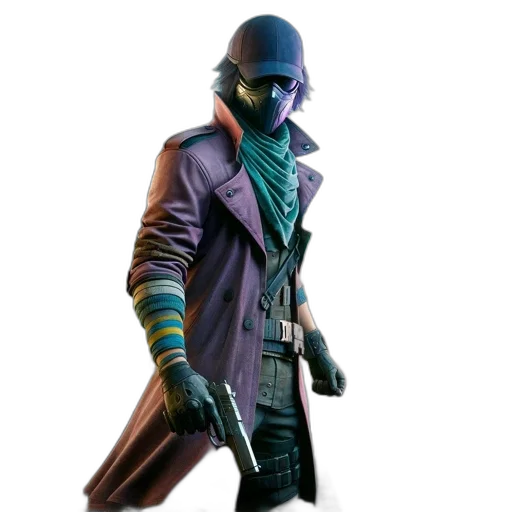 jacket, weapon, staff, hat, concept art, cyberpunk, 3d render, dark transparent PNG cut-out