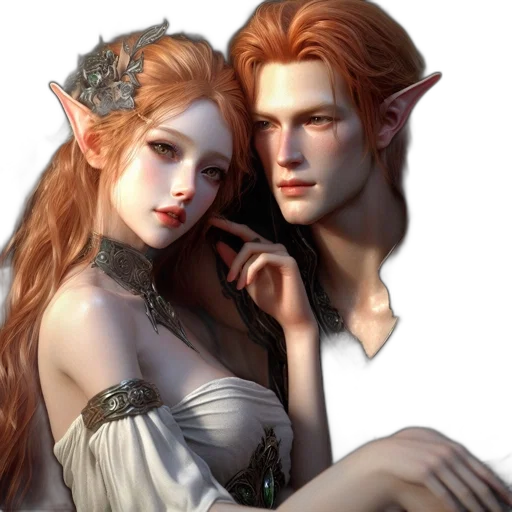 fantasy art, concept art, photorealistic, 3d render, fire, golden, two, elven transparent PNG cut-out
