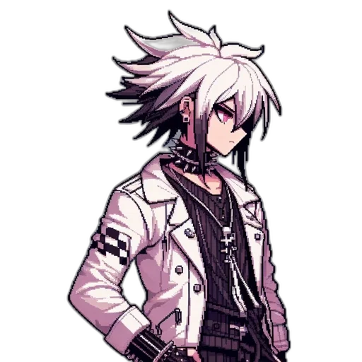 jacket, staff, weapon, hair, pixel art, cyberpunk, concept art, vaporwave transparent PNG cut-out