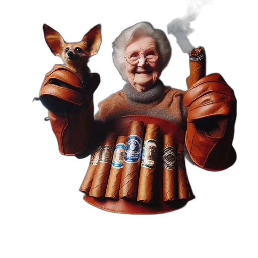 staff, elderly, lady, glasses, smokes, cigar, while, holding transparent PNG cut-out