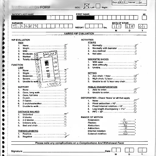 hip, evaluation, form, various, sections, filled, out, including transparent PNG cut-out