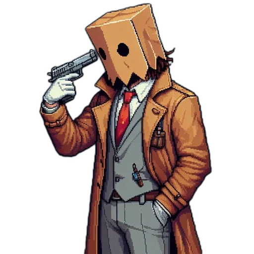 mask, robot, jacket, staff, pixel art, concept art, cyberpunk, comic book art transparent PNG cut-out