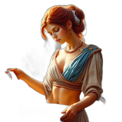 dress, jewelry, staff, fantasy art, oil painting, photorealistic, concept art, fire transparent PNG cut-out