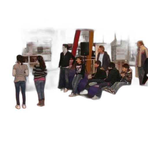 concept art, photorealistic, 3d render, city street, group, people, sitting, purple transparent PNG cut-out