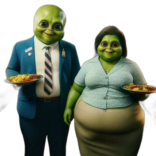 food, concept art, 3d render, outer space, two, anthropomorphic, aliens, stand transparent PNG cut-out