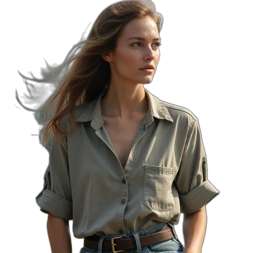 jacket, staff, hair, dress, photorealistic, concept art, oil painting, earth tones transparent PNG cut-out