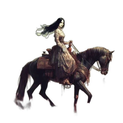 dress, fantasy art, concept art, pixel art, comic book art, woman, rides, decorated transparent PNG cut-out
