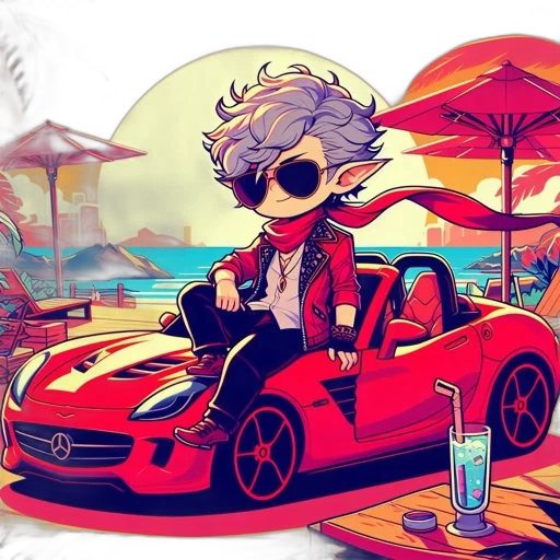 car, cartoon, concept art, anime, comic book art, beach, red, chibi-style transparent PNG cut-out