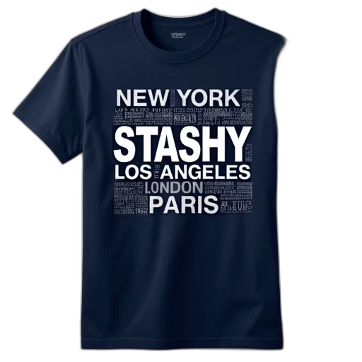 navy, blue, t-shirt, graphic, print, featuring, word, stashy transparent PNG cut-out