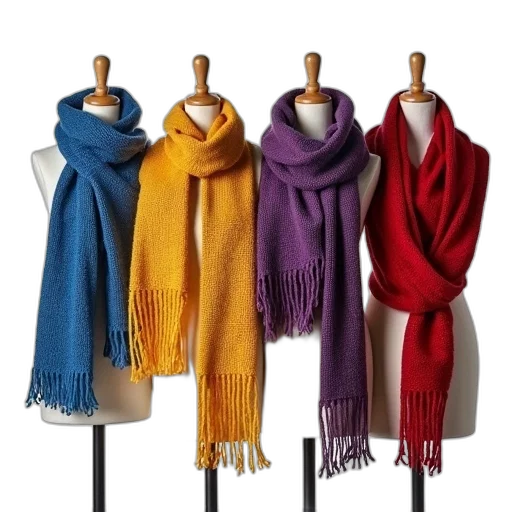 colorful, golden, collection, knitted, scarves, displayed, row, each transparent PNG cut-out